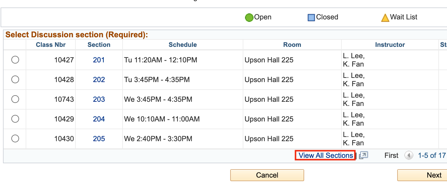 Student Center only shows a few sections.  We've highlighted the "View All Sections" button, which fixes this problem.
